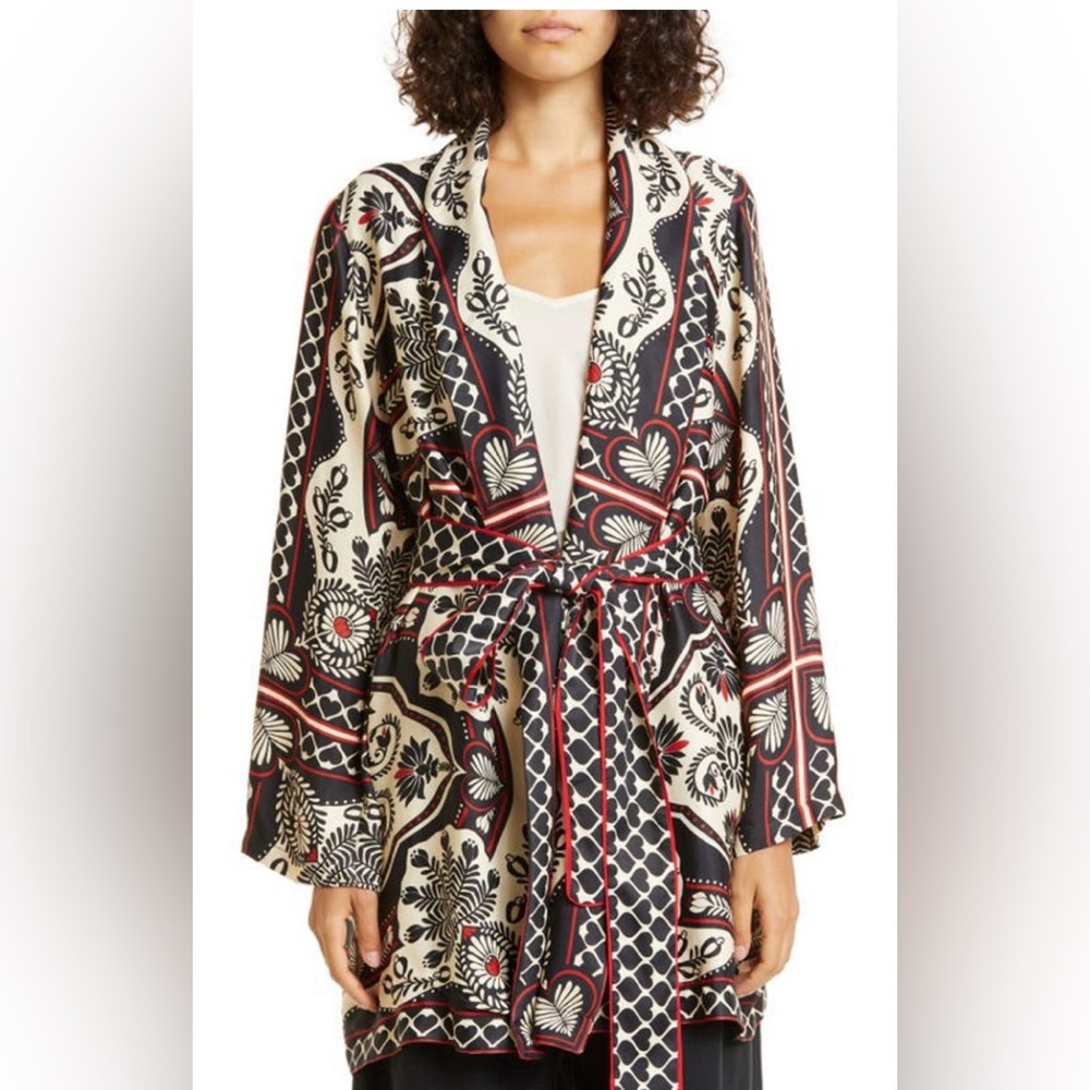 NWT FARM Rio Cream Black and Red Floral Belted Kimono
